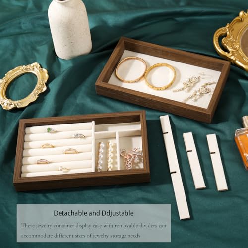 Wooden Jewelry Organizer Trays for Drawer, Stackable Jewelry Drawer Organizer Inserts, Set of 4 Jewelry Storage Flat Stacking Display Case Box for Rings Stud Necklaces(Beige)