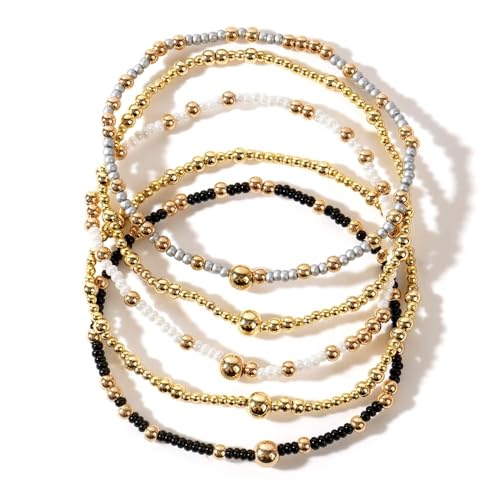 Stack Small Seed Bead Bracelets Set for Women, Boho Handmade Colorful Stretch Accessories Jewelry, Summer Beach Daily Wear Holiday Friendship Gift - color: Black