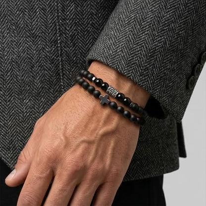 Flybar Men's 4 Piece Beaded Bracelet Set, Natural Lava Stone Black Onyx Matte Agate Tiger Eye, Stretchable Elastic Handmade Stackable - color: CK15 Matte Black Cross