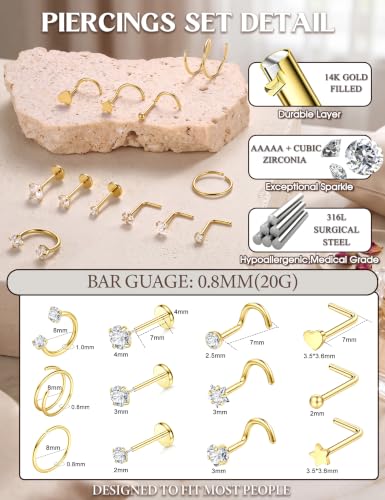 JeryWe Nose Rings for Women - 14K Gold Filled Hypoallergenic Surgical Steel Nose Ring Hoops CZ Lip Ring Screw L Shaped Studs Threadless Flat Back Stud Nose Piercings Jewelry for Women Men - style: 14K Gold Filled -Horseshoe
