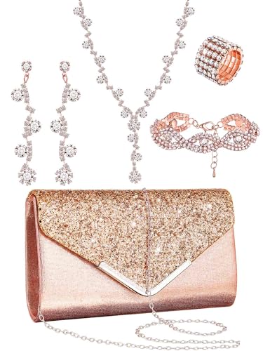 Henoyso 5 Pcs Purse Rhinestone Jewelry Set Prom Jewelry Rhinestone Clutch Purse Necklace Earrings Bracelets for Women Bride - color: Rose Gold