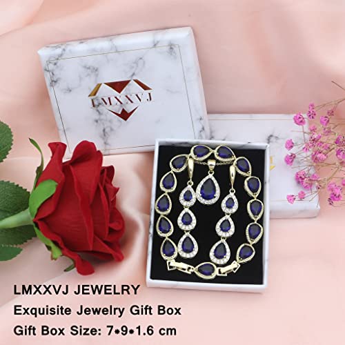 LMXXVJ Necklace Long Earrings Bracelet Set, White Gold Plated Created Blue Sapphire Jewelry Set Wedding Party Gift Jewelry for Women Bridal Bridesmaid - color: Gold-Blue