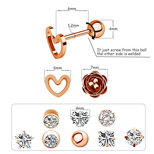 10 Pairs 16g Ear Cartilage Helix Surgical Stainless Steel Cubic Zirconia Stud Cartilage Earrings Huggie Screw Backs Ear Tragus Auricle Cute Love Heart Flower Barbell Piercing Set 4mm - color: Rose Gold