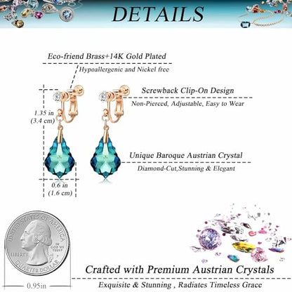 Austrian Crystal Baroque Drop Clip On Dangle Earrings for Women Non Pierced 14K Rose Gold Plated Hypoallergenic Jewelry - color: Bermuda Blue