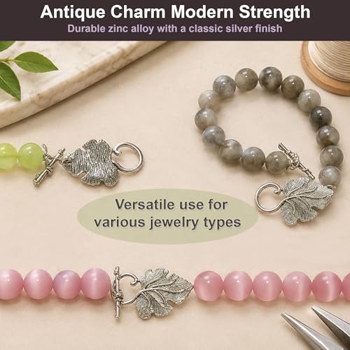 Heather's cf Toggle Clasps for Jewelry Making, 16 Sets Antique Silver Grape Leaf Toggle Jewelry Clasps, Large Necklace Clasp & Bracelet Clasps and Closures for DIY Jewelry Making - color: Large silver toggle clasp