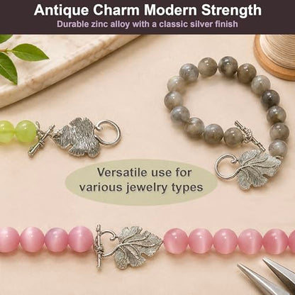 Heather's cf Toggle Clasps for Jewelry Making, 16 Sets Antique Silver Grape Leaf Toggle Jewelry Clasps, Large Necklace Clasp & Bracelet Clasps and Closures for DIY Jewelry Making - color: Large silver toggle clasp