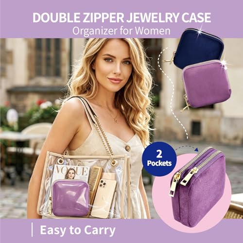 Small Travel Jewelry Case with Earring Box Mini Jewelry Case | Double-Layer Velvet Travel Jewelry Organizer Pouch with 7 grids & 4 Pockets, for Necklace Bracelet, Gifts for Women, Purple - color: Purple double-layer