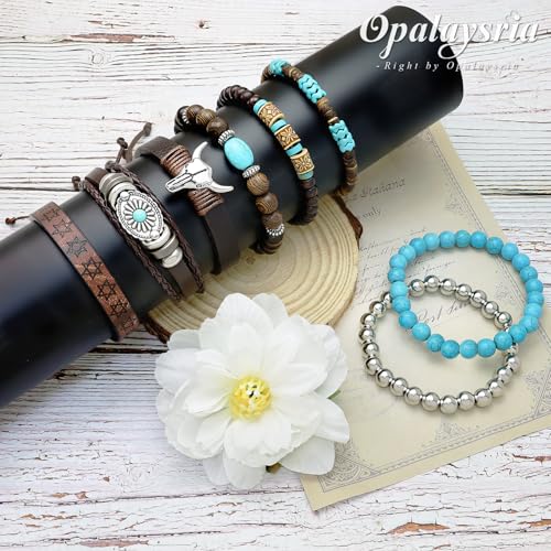 Stack Turquoise Western Bracelets for Women Boho Turquoise Beaded Concho Bangle Ox-Head Charm Cowboy Chic Bracelets Western Jewelry Cowgirl Accessory for Country Concert Outfits - color: Silver OX-Head