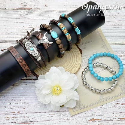Stack Turquoise Western Bracelets for Women Boho Turquoise Beaded Concho Bangle Ox-Head Charm Cowboy Chic Bracelets Western Jewelry Cowgirl Accessory for Country Concert Outfits - color: Silver OX-Head