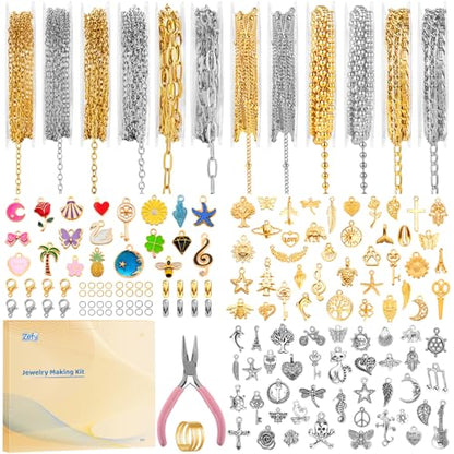 Zefy 18K Gold Silver Chain for Jewelry Making Kit with 380 Pcs Charms | 39.6ft 12 Rolls Stainless Steel Chains Bulk , Jump Rings Lobster Clasps Set for DIY Bracelet Necklace Crafts - size: Large