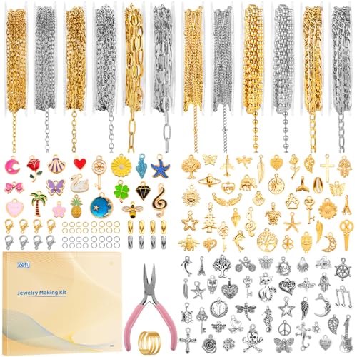 Zefy 18K Gold Silver Chain for Jewelry Making Kit with 380 Pcs Charms | 39.6ft 12 Rolls Stainless Steel Chains Bulk , Jump Rings Lobster Clasps Set for DIY Bracelet Necklace Crafts - size: Large