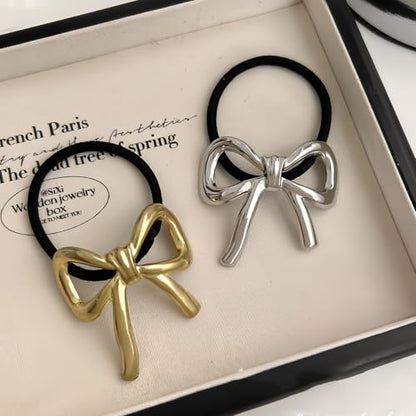 Bow Hair Ties for Women Gold Silver Metal Hair Tie for Girls Elegant Elastics Rubber Hair Scrunchies for Long Thick Bowknot Ponytail Holder Christmas Gifts Bow Hair Accessories 2Pcs