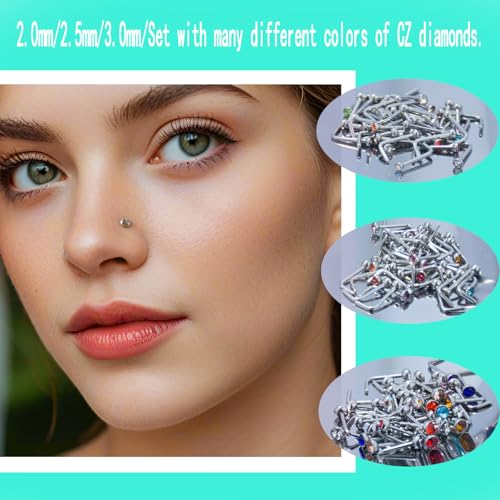 180Pcs 20G Surgical Stainless Steel Nose Rings Hoops Straight/L Shapes Nose Studs 2.0/2.5/3.0mm Cubic zirconia Hypoallergenic Nose Studs Silver Gold Rose Gold Black Rainbow Blue Lip Rings Nose Rings Piercing Jewelry Set for Women Men - style: A:Hoops &L S