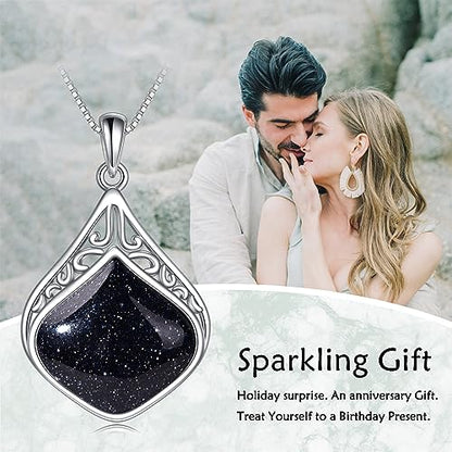 YAFEINI Teardrop Necklace Sterling Silver Filigree Irish Pendant Necklace Natural Stone Moonstone/Lapis Lazuli/Larimar/Moss Agate Necklace Jewelry - color: Blue Sandstone teardrop necklace