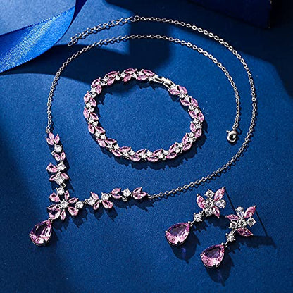 EleQueen Women's Wedding Bridal Jewelry Set for Brides Bridesmaids, Silver/14K Gold/Rose Gold Plated Cubic Zirconia Teardrop Necklace Dangle Earrings Bracelet Sets for Party Prom - color: 07-Pink Color-Necklace+Earrings+Bracelet