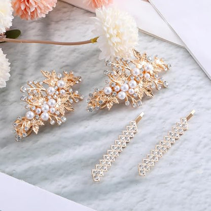 4 PCS Gold Hair Pins Rhinestone Barrette Pearl, Crystal Wedding Leaf Barrette, Sparkly Bridal Hair Clips Accessory for Women Girls