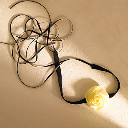 Black Choker Camellia Flower Lace-up Necklace For Women - color: Beige rose