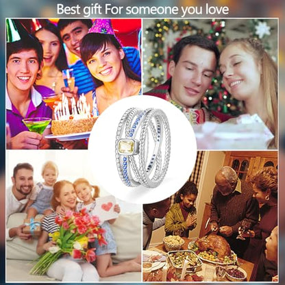 KUNSIR 925 Silver Cubic Zirconia Ring Size 7-9 Wedding Band Sterling Silver Eternity Ring Modern Style - style: Wide Band Yellow Diamond Ring