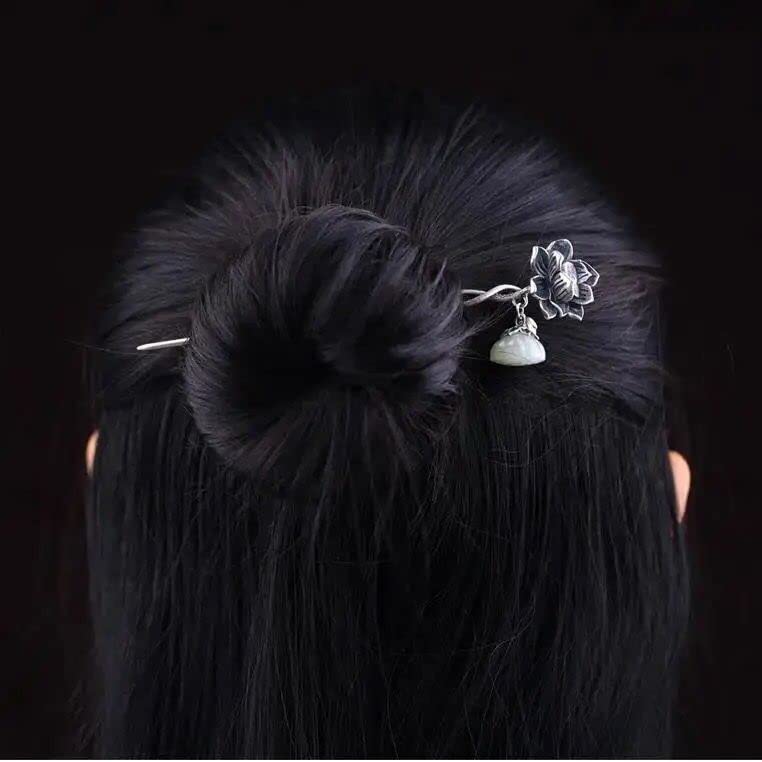 S925 Silver Plated Lotus flower Hairpin Chinese Hanfu Style Hair Sticks Retro Handmade Hair Clip Hair Accessories for Women Girls Long Hair (Lotus flower) - color: Lotus flower