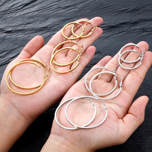 5/12 Pairs Gold Silver Plated Hoop Earrings for Women, Hypoallergenic Stainless Steel Hoops Earrings Set, Lightweight Large Small Hoops Women Earrings Loop Earrings Set - color: 6 Pairs Gold Silver Plated Square Wire Hoop Earrings