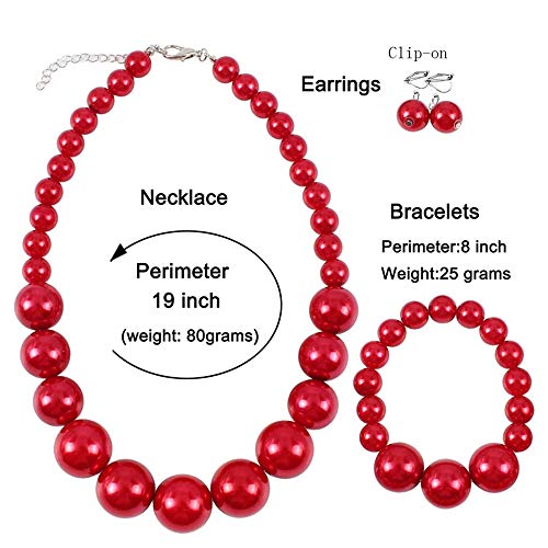 Bridal Wedding Faux Pearl Statement Necklace and Clip on Earrings Bracelet Jewelry Sets Women Bib Choker Necklace - color: Red-Necklace+Bracelet+Clip Earrings