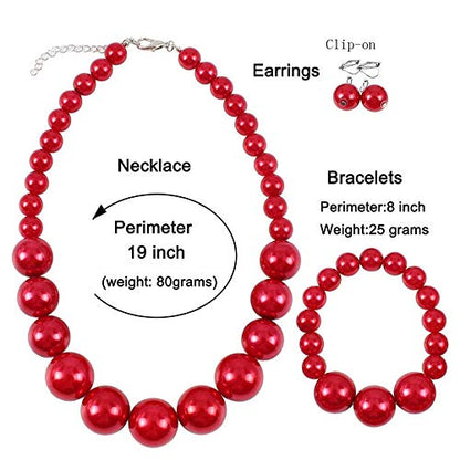 Bridal Wedding Faux Pearl Statement Necklace and Clip on Earrings Bracelet Jewelry Sets Women Bib Choker Necklace - color: Red-Necklace+Bracelet+Clip Earrings