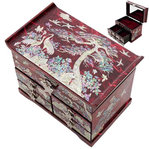 February Mountain Handcrafted Mother of Pearl Jewelry Box – Korean Traditional Design | Unique Keepsake Organizer for Women, Mom, Grandma | Gift for Christmas, Birthday, Anniversary - style: Crane and Pine Tree - Red