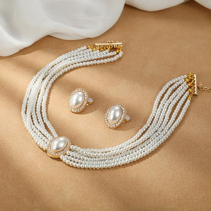 Vintage 1920s Costume Jewelry Multilayer Imitation Pearls Shiny Strand Choker Necklace Large Dangle Earrings for Women Wedding Halloween Cosplay Party Prom Accessories - style: Clip On