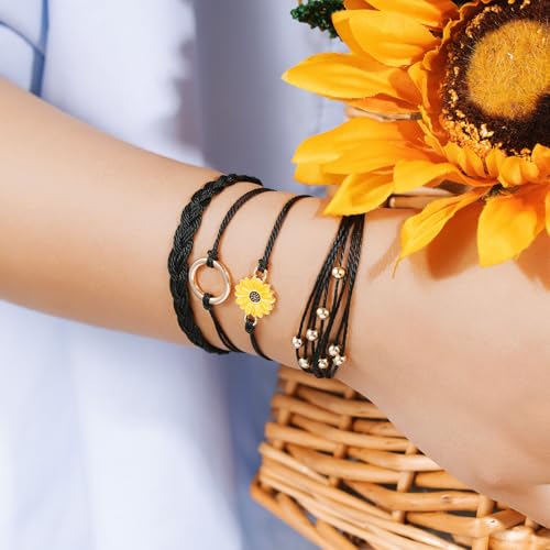 Sunflower Friendship Bracelets Boho Stackable String Bracelets Cute Trendy Gifts for Teen Girls Women - color: Black