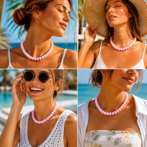 Chunky Colorful Beaded Necklace for Women Boho Summer Statement Resin Choker Necklaces Beach Jewelry Accessories - color: Pink