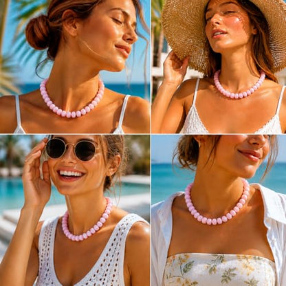 Chunky Colorful Beaded Necklace for Women Boho Summer Statement Resin Choker Necklaces Beach Jewelry Accessories - color: Pink