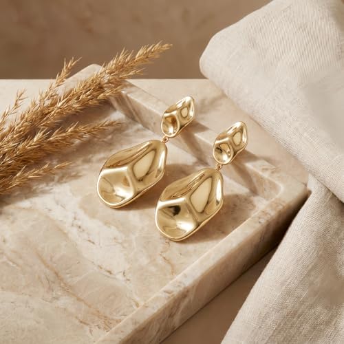 Harlermoon Chunky Gold Statement Earrings for Women 14K Gold Plated Sculptural Curved Dangle Drop Studs Hypoallergenic Geometric Jewelry Gift