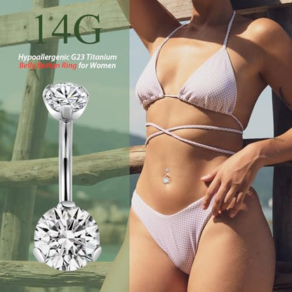FUNLMO 14G Belly Button Ring Titanium Belly Button Piercing Belly Ring Internally Threaded Navel Piercing Jewelry - color: Silver-Clear CZ