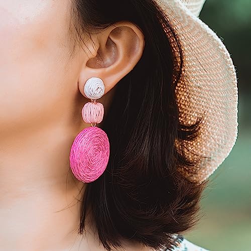 Statement Raffia Boho Round Dangle Ball Earrings - Cute Handmade Summer Bohemian Dangling Jewelry for Women - color: 3Pink