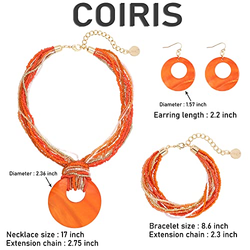 Coiris Multi Strand Statement Colorful Beaded Necklace with Big Circle Shell Pendant for Women - color: ST0012-Orange