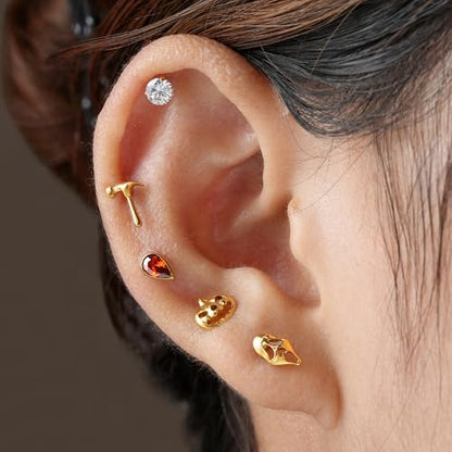 FINE4U 1PC ASTM F136 Titanium Internally Threaded Piercing Jewelry Stud 16G 6mm 8mm for Helix, Tragus, Conch, Flat - color: Hammer - Gold