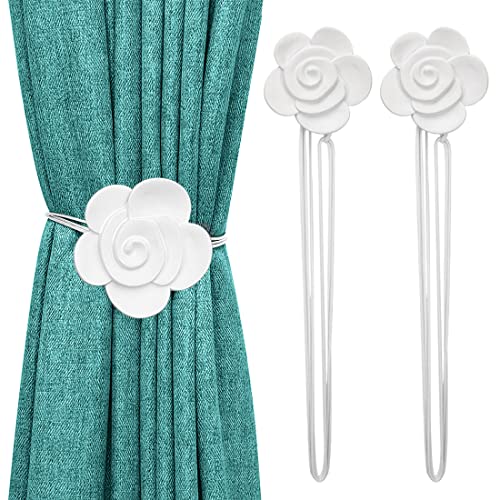Lewondr Magnetic Curtain Tiebacks, Flower Vintage Curtain Holdbacks, White | 1 Pair, Resin Curtain Ties with Rope Drapery Retro Window Curtain Decorative Buckle Holder for Outdoor, Home, Cafe Balcony - color: White Camellia, size: 2 Pieces
