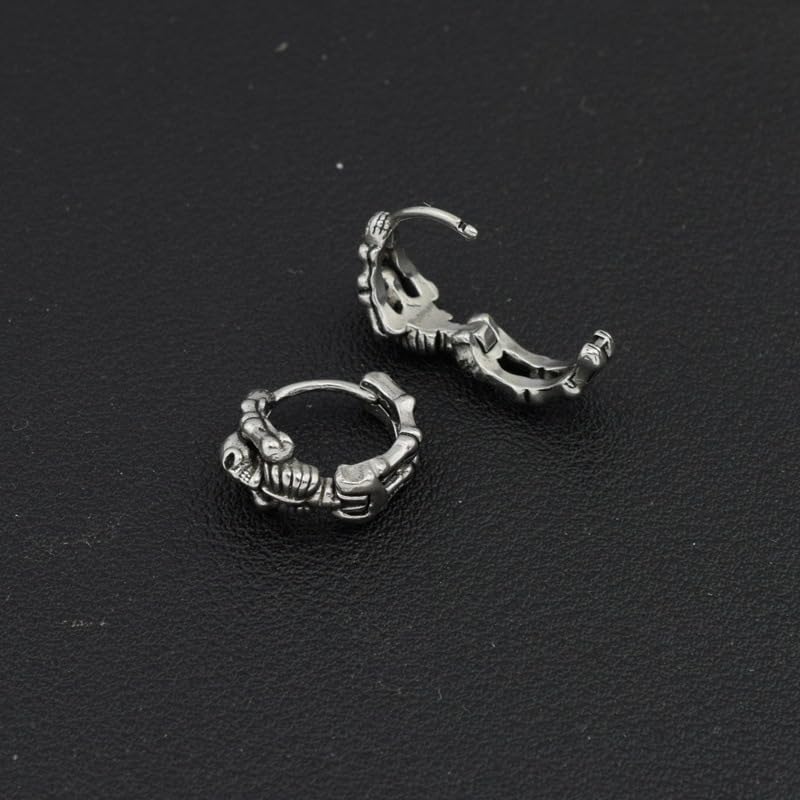 Vintage Skull Skeleton Hoop Earrings for Women Men 10mm Small Stainless Steel Huggie Hoops Earrings Gothic Punk Cartilage Hinged Hoop Earring Hypoallergenic Halloween Jewelry