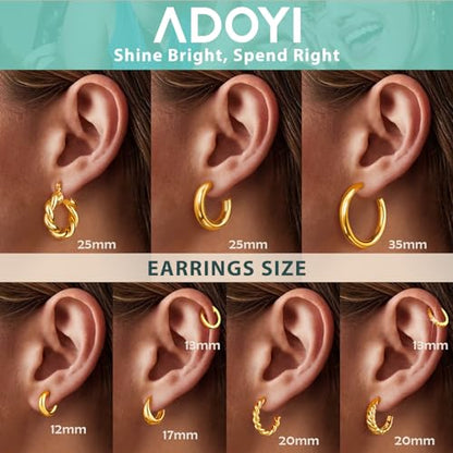 Adoyi 9 Pairs Gold Hoop Earrings Set for Womens Twisted Huggie Hoops Earrings 14K 18K Gold Plated for Girls Valentines Mother's Day Birthday Gifts Lightweight - color: 18K Gold Plated