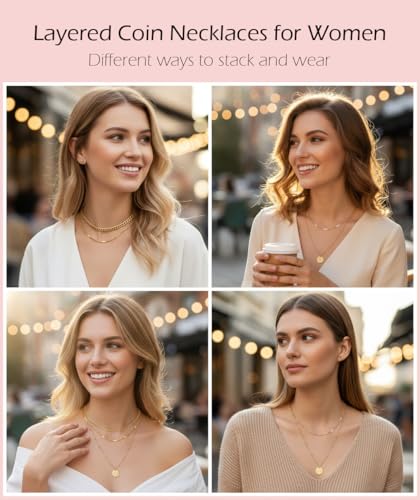 Gold Layered Necklaces for Women, 14K Gold Plated Paperclip Snake Chain Necklace Set, Dainty Coin Cross Tear Pendant Layering Choker Necklaces, Simple Trendy Stackable Jewelry Gifts - color: 3PCS / Coin & Chain& Chain