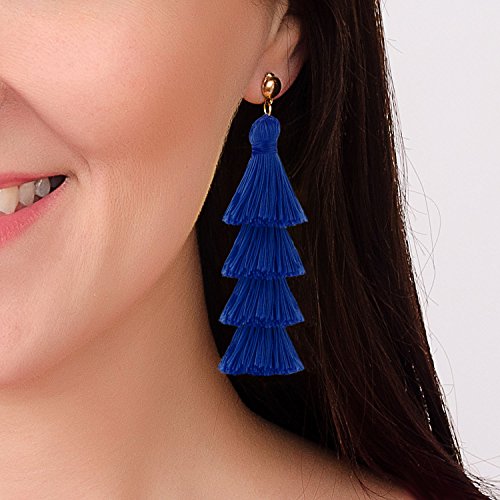 BaubleStar Bohemian Layered Tassel Drop Earrings for Women | Lightweight Statement Party Festival Jewelry - color: Royal Blue