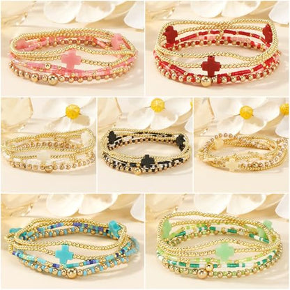 Gold Beaded Bracelets Stack for Women Stackable 14K Gold Plated Beads Ball Cross Bracelet Boho Christian Jewelry Faith Friendship Birthday Gifts for Women - color: Green