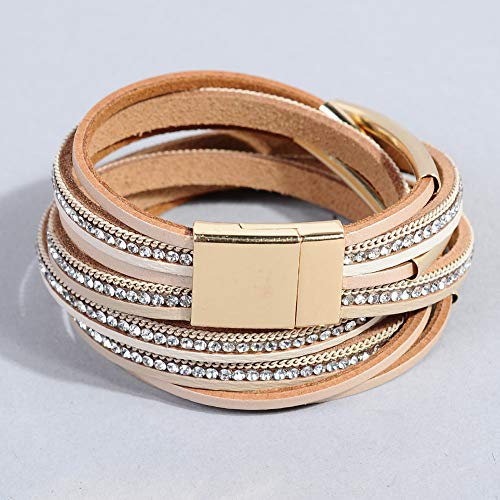 Artilady Leather Wrap Bracelet for Women, Pearl Beaded Bangle Stack Jewelry | Easy on-off, Elegant Handmade Multi-Layered, Daily Casual Date Beach Vacation, Gift for Ladies, Mother, Sister & Friend - style: Light Brown with Gold bar