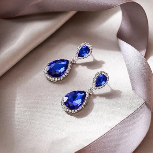 EVER FAITH Women's Austrian Crystal Wedding Tear Drop Dangle Earrings | Bridal Prom Jewelry for Bride Bridesmaid - color: Royal Blue