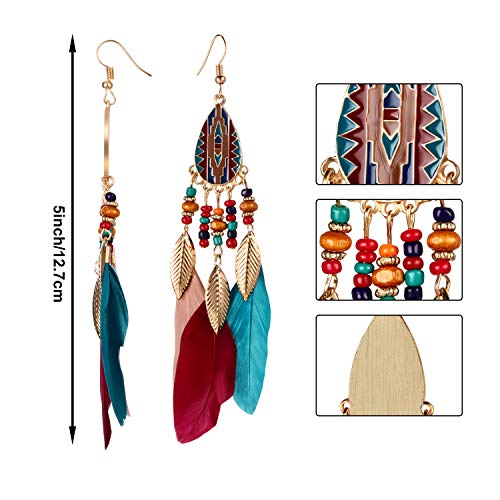 6 Pairs Women Faux Feather Earrings Dream Catcher Bohemian Fringe Tassel Long Drop Dangle Earrings Set with Design for Women - style: Style 1