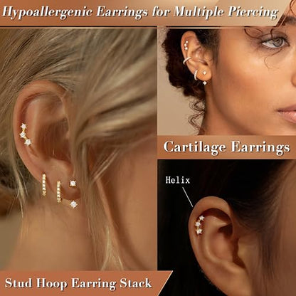 3 Pairs Dainty Small Earrings Set for Women Trendy, Birthstone Stud Huggie Hoop Jacket Stack for Cartilage Helix, Gold Plated Hypoallergenic Cute Women Fashion Accessories Western Jewelry Gifts - color: Flatback (Gold)