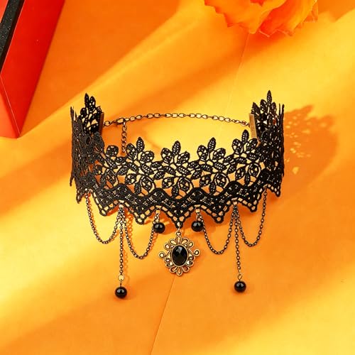 coadipress Gothic Lace Choker Necklace for Women Crystal Royal Court Vampire Choker Gothic Necklace Retro Handmade Halloween Gifts