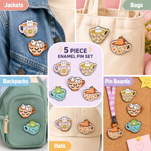 5Pcs Cute Coffee Cat Sloth Enamel Pin Set Cartoon Animal Coffee Cup Brooch Badges, Funny Lapel Pins for Backpacks, Jackets, Bags, Coffee Lover Gift - color: JH-116