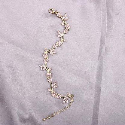 Brides Bridesmaid Flower Leaf Choker Necklace Dangle Earrings Link Bracelet Austrian Crystal Wedding Jewelry Set for Prom Costume Party Accessories for Woman - color: Light Rose-Gold Plated