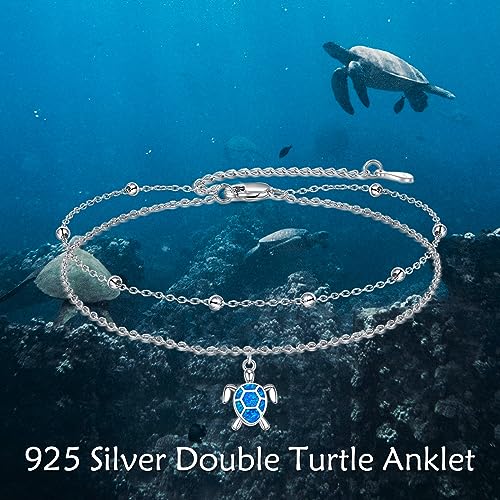 POPLYKE 925 Sterling Silver Double Layered Chain Evil Eye Daisy Sunflower Butterfly Anklets for Women Holiday Beach Crystal Ankle Bracelet Dainty Evil Eye Jewelry - style: Sea Turtle Anklet